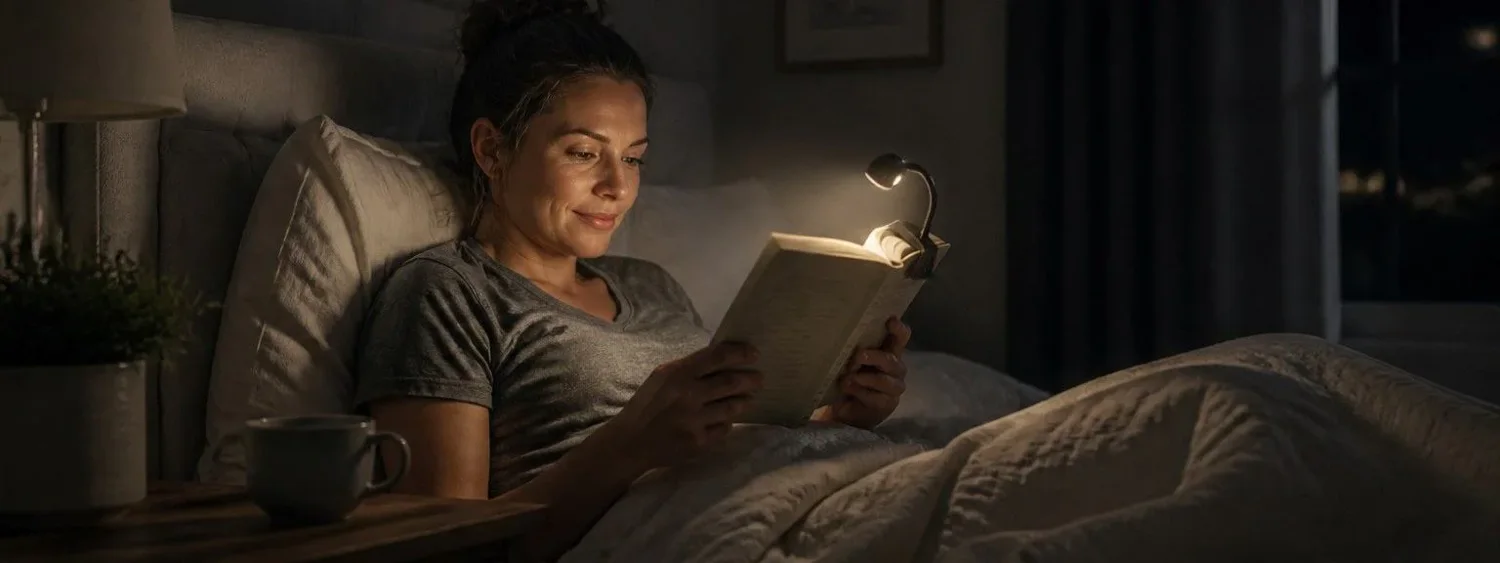 book light clipped to a book for reading in the dark