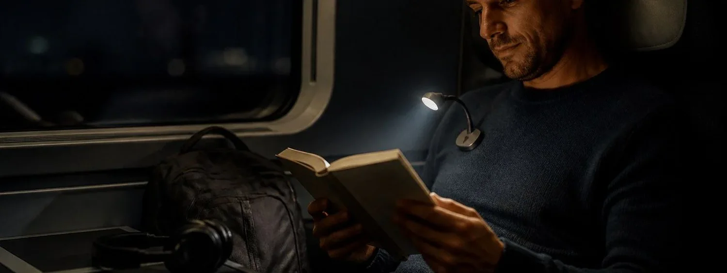 book light clipped to a book for reading in the dark