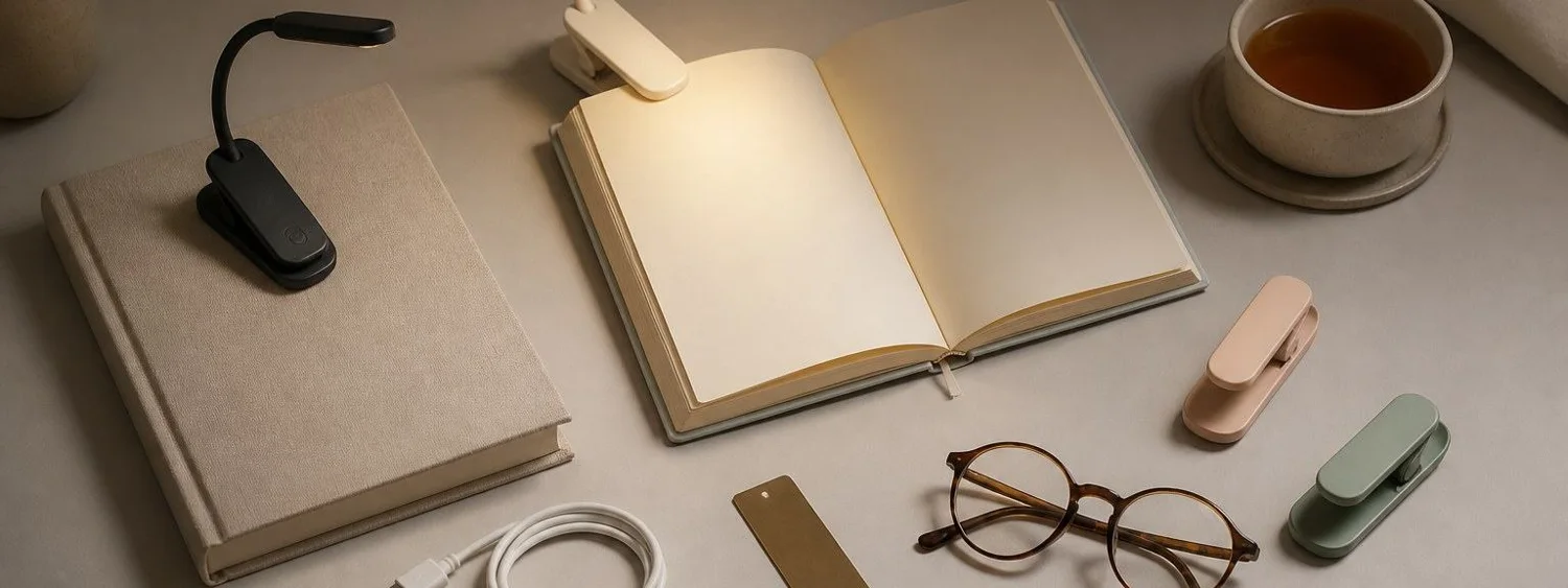book light clipped to a book for reading in the dark