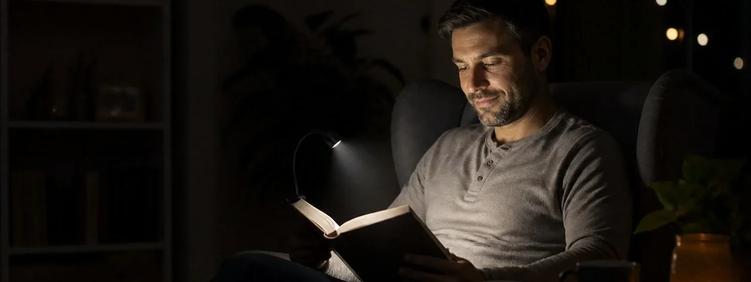 book light clipped to a book for reading in the dark