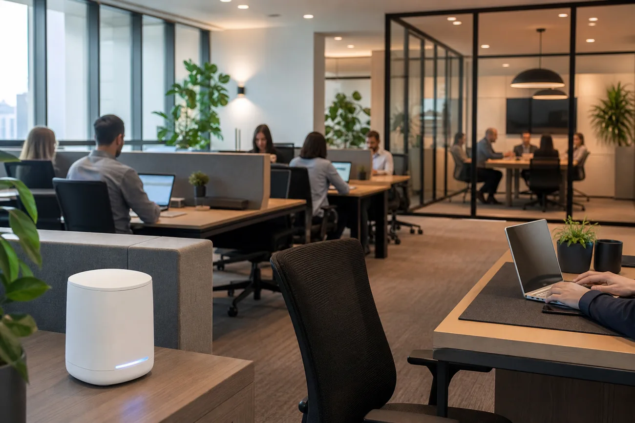 mesh Wi-Fi system improving office Wi-Fi coverage near conference room and desks