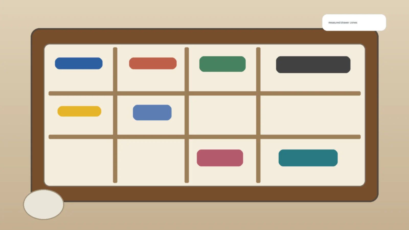 Open office desk drawer with adjustable dividers and organized pens, notes, clips, and chargers