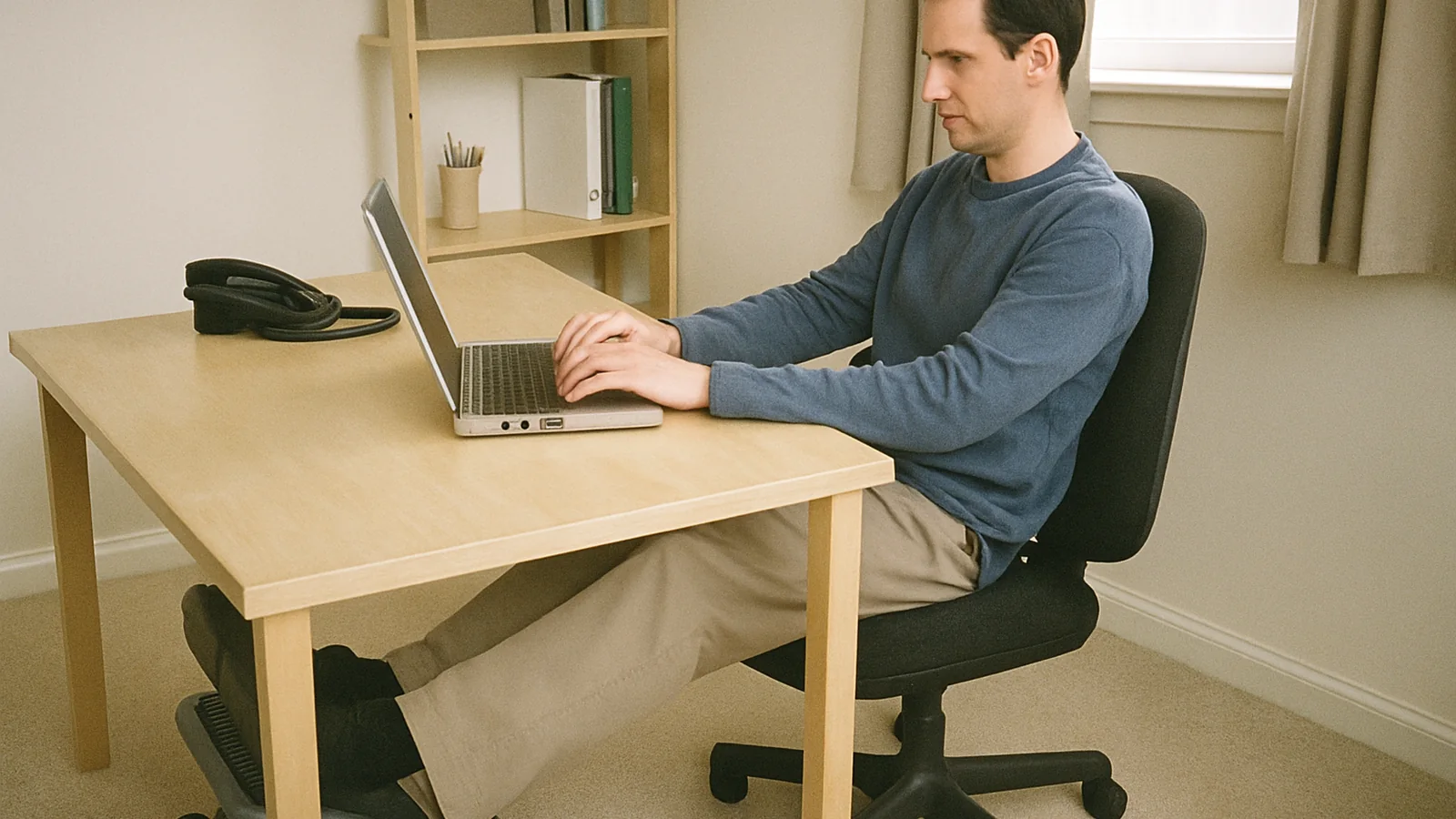 Person using an under-desk footrest in a modest home office