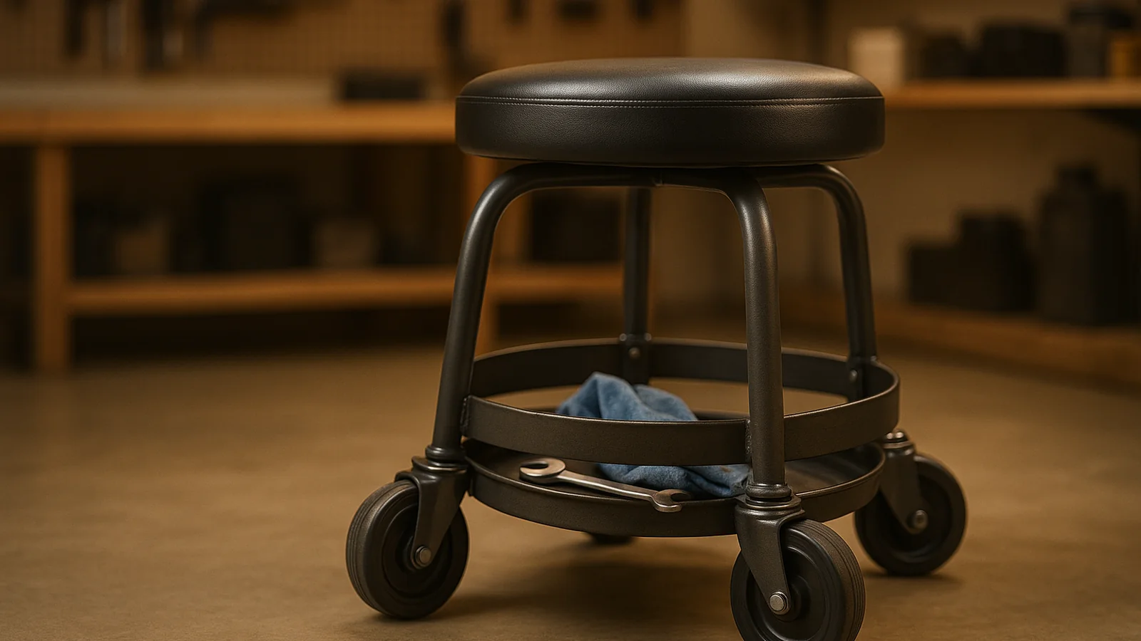 Rolling shop stool in a clean workshop