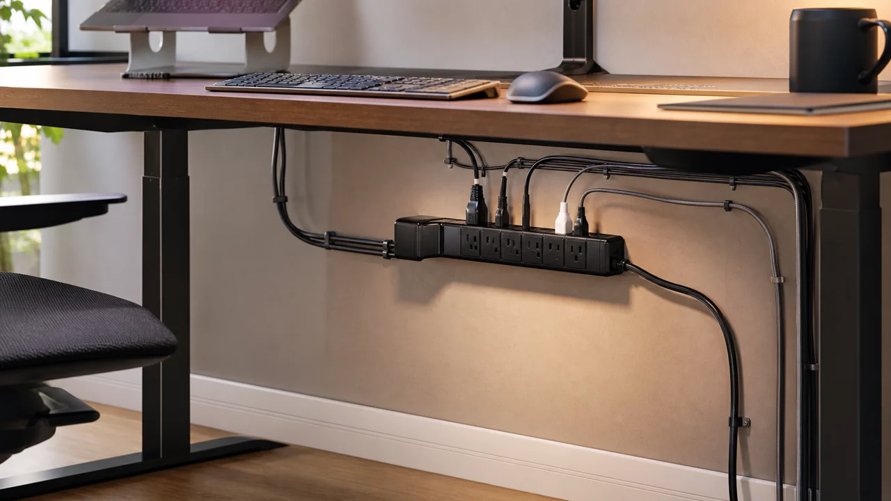 Surge protector power strip under an office desk with neatly routed equipment cables